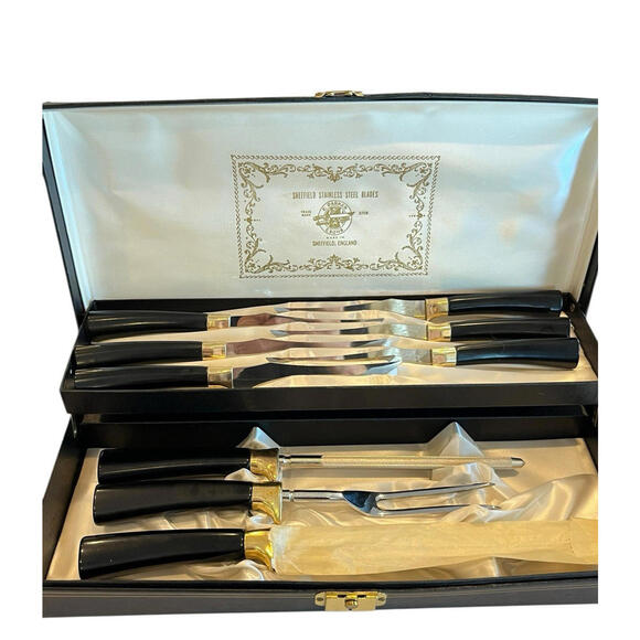 E Parker & Son Sheffield SS Blades Cutlery Set Vintage 3709 in locking case RARE